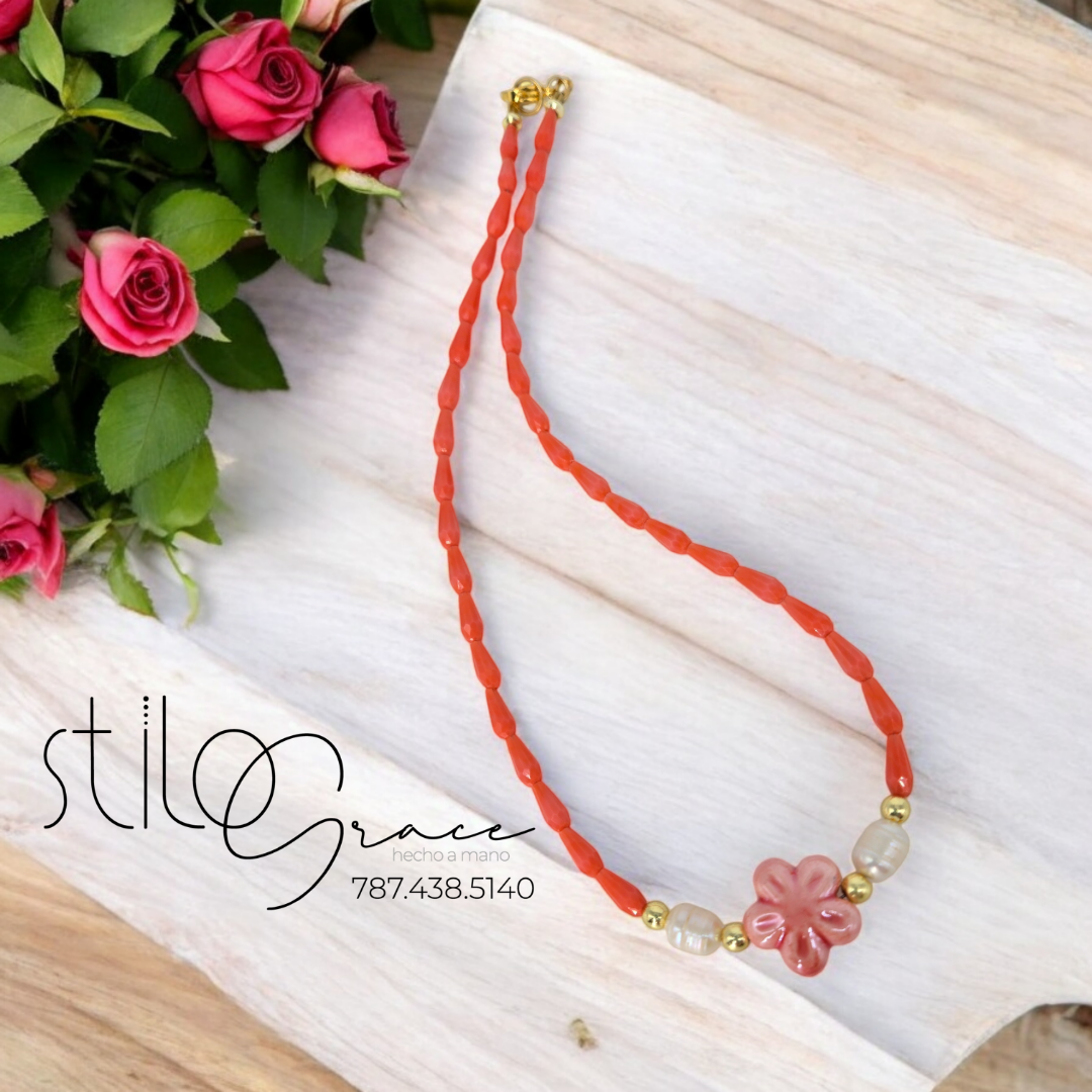 "Gargantilla en cristales y perlas Coralis" "Crystal and pearl choker Coralis"