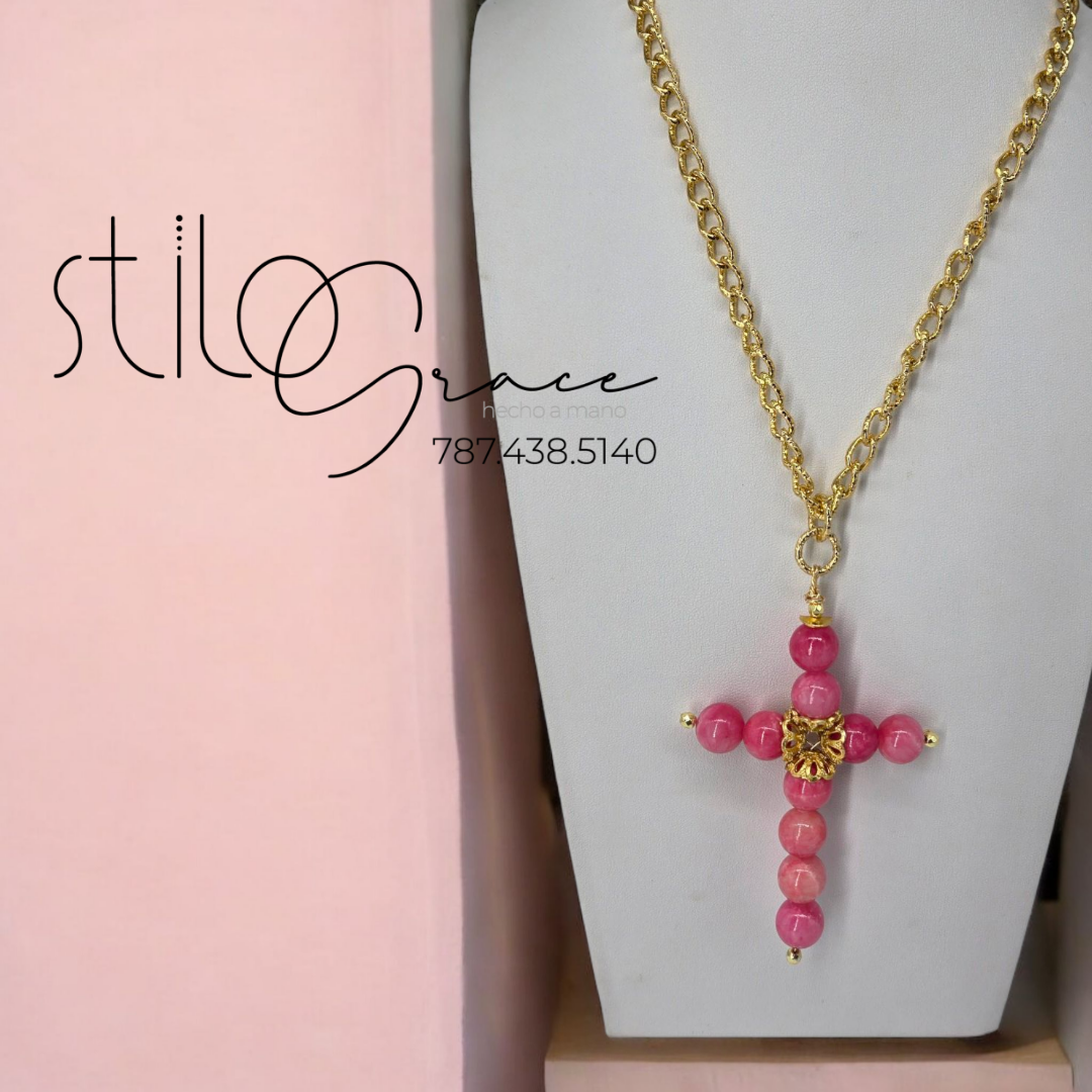 "Cadena con cruz en ágatas Mila" "Chain with a cross in agates Mila"